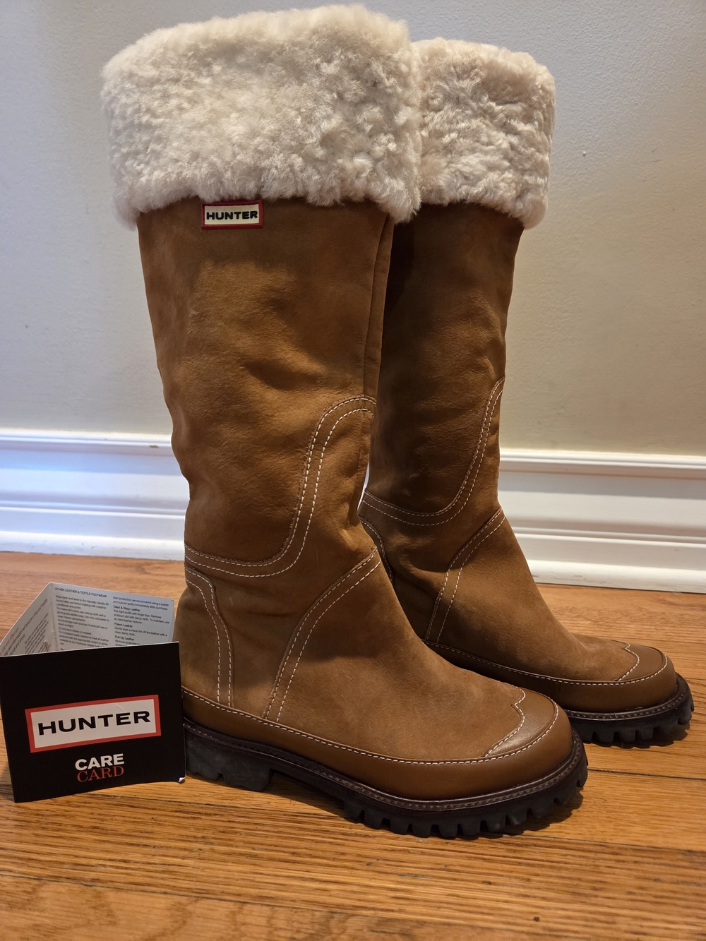 Hunter Suede Tall Shearling Cuffed Boots Brown Size 6